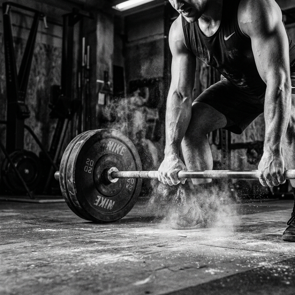 Sweaty close-up athletic deadlift